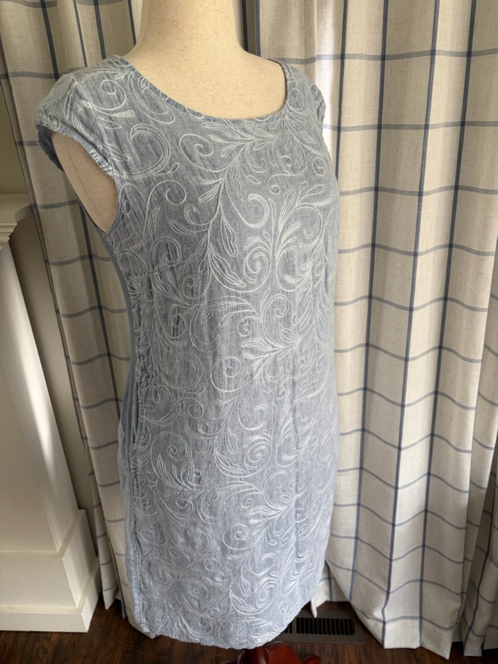 Lina Tomei Linen Coastal Blue Italian Embroidered Fitted Cap Sleeve Dress